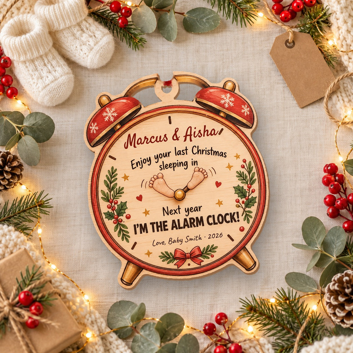 Personalized Next Year I'm The Alarm Clock Wooden ornament flat lay