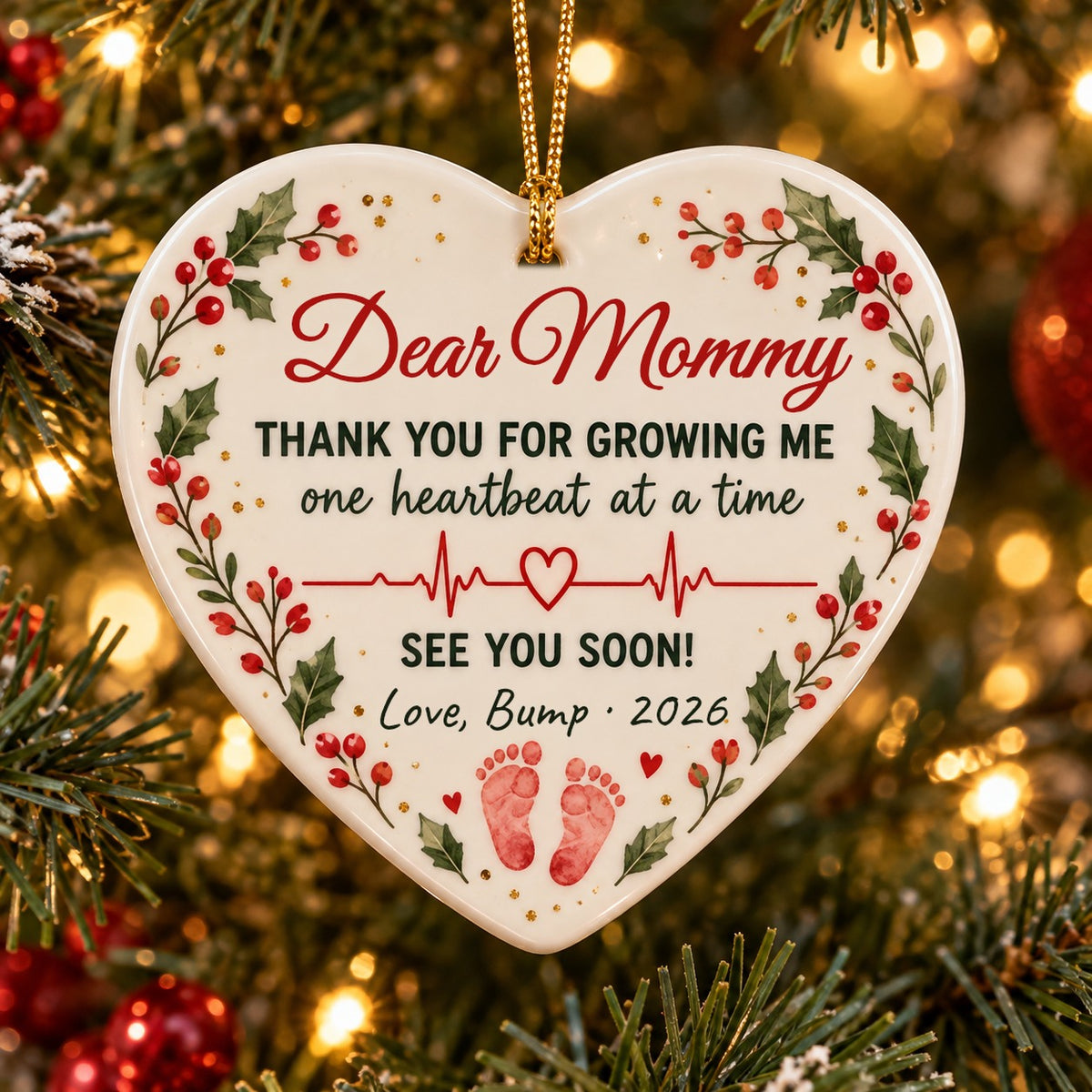 Personalized Dear Mommy heart ceramic ornament — Thank you for growing me one heartbeat at a time, Love Bump 2026 — hanging on a Christmas tree