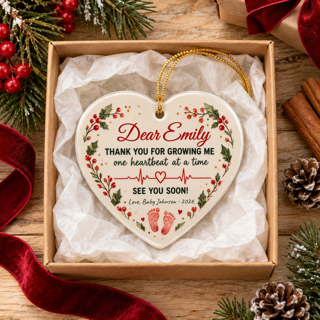 Dear Emily heart ceramic Christmas ornament from Baby Johnson in a kraft gift box