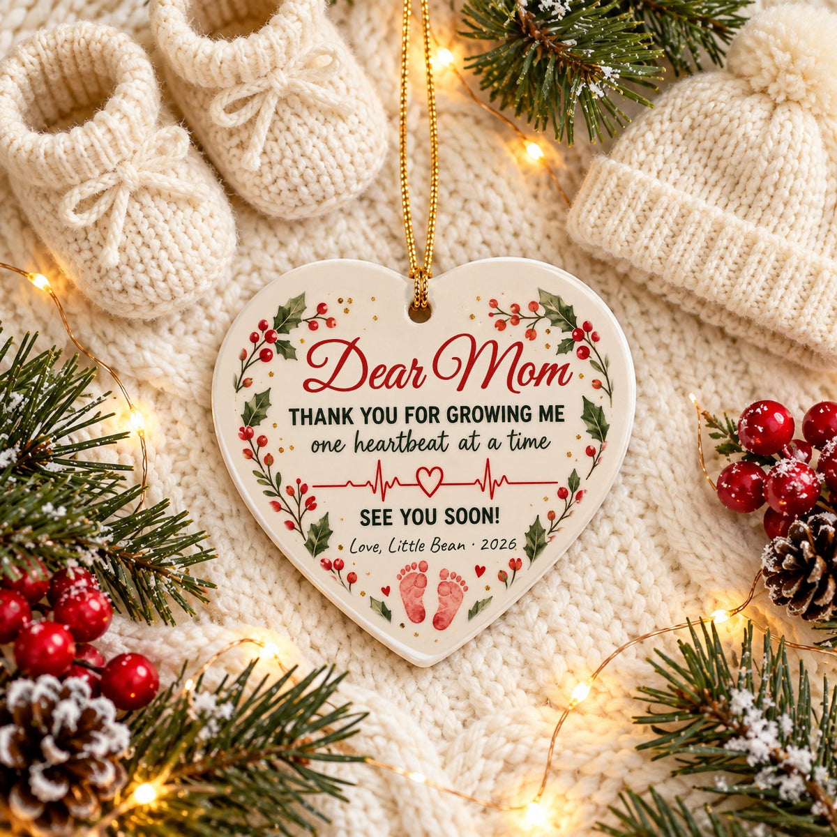 Dear Mom one heartbeat at a time ornament from Little Bean, flat lay with knitted baby booties