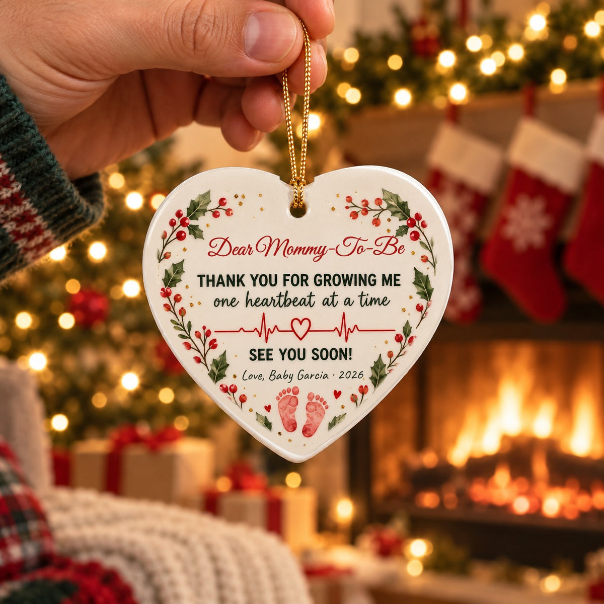 Dad-to-be holding the Dear Mommy-To-Be heart ornament from Baby Garcia by the fireplace
