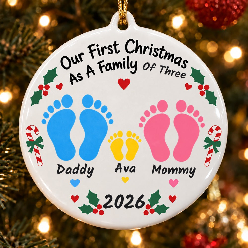 Custom Our First Christmas As A Family Of Three Ceramic Ornament