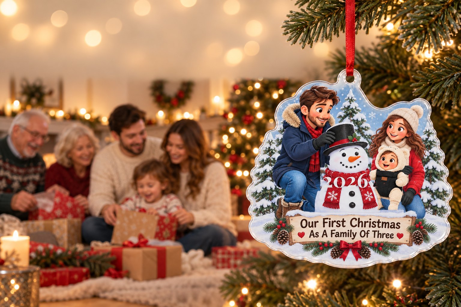 A family gathered around the Christmas tree with a personalized acrylic ornament