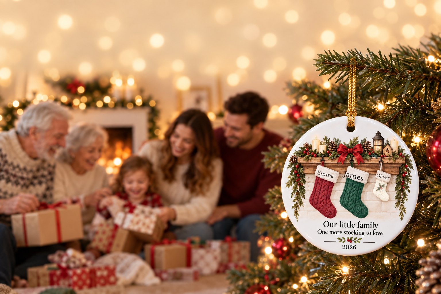 A family gathered around the Christmas tree with a personalized ceramic ornament