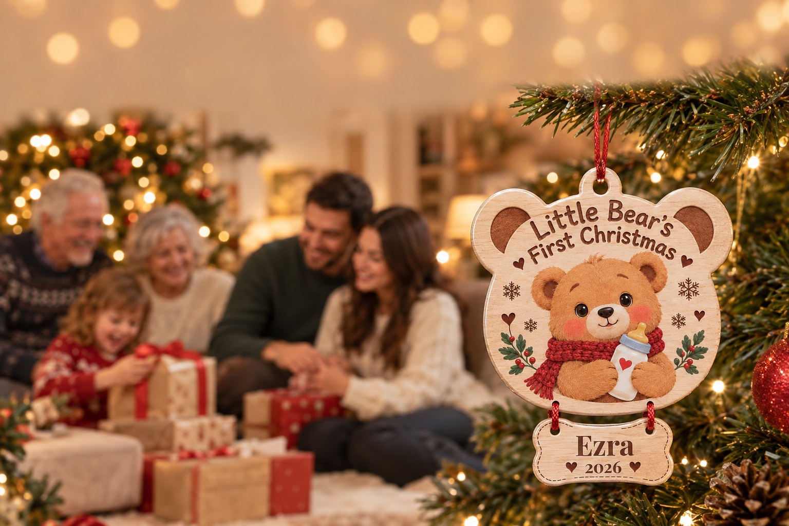 A family gathered around the Christmas tree with a personalized wood ornament