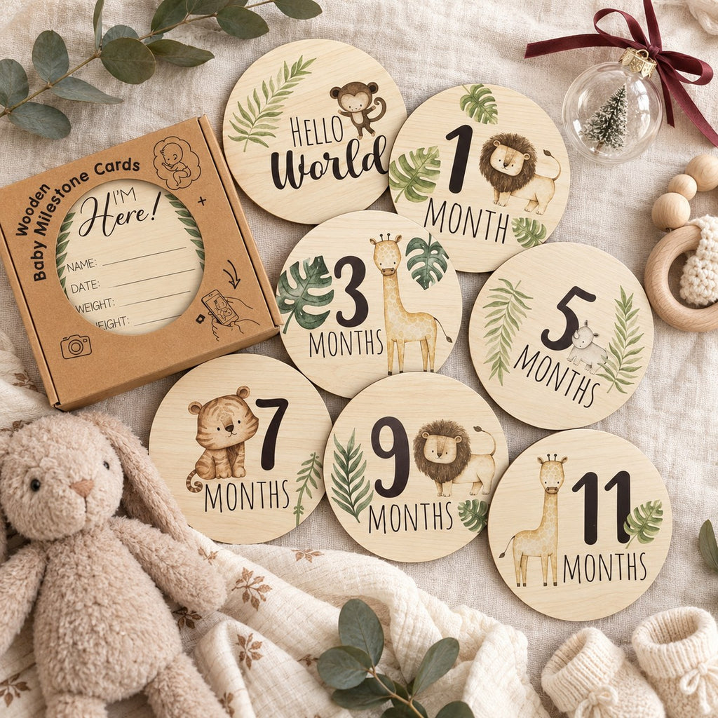 Wooden Baby Milestone Cards — flat lay