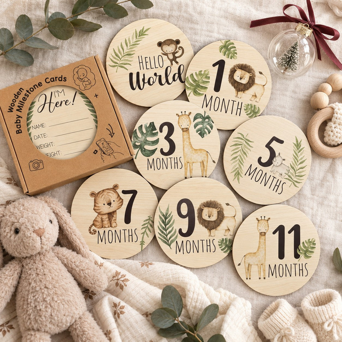Wooden Baby Milestone Cards — flat lay