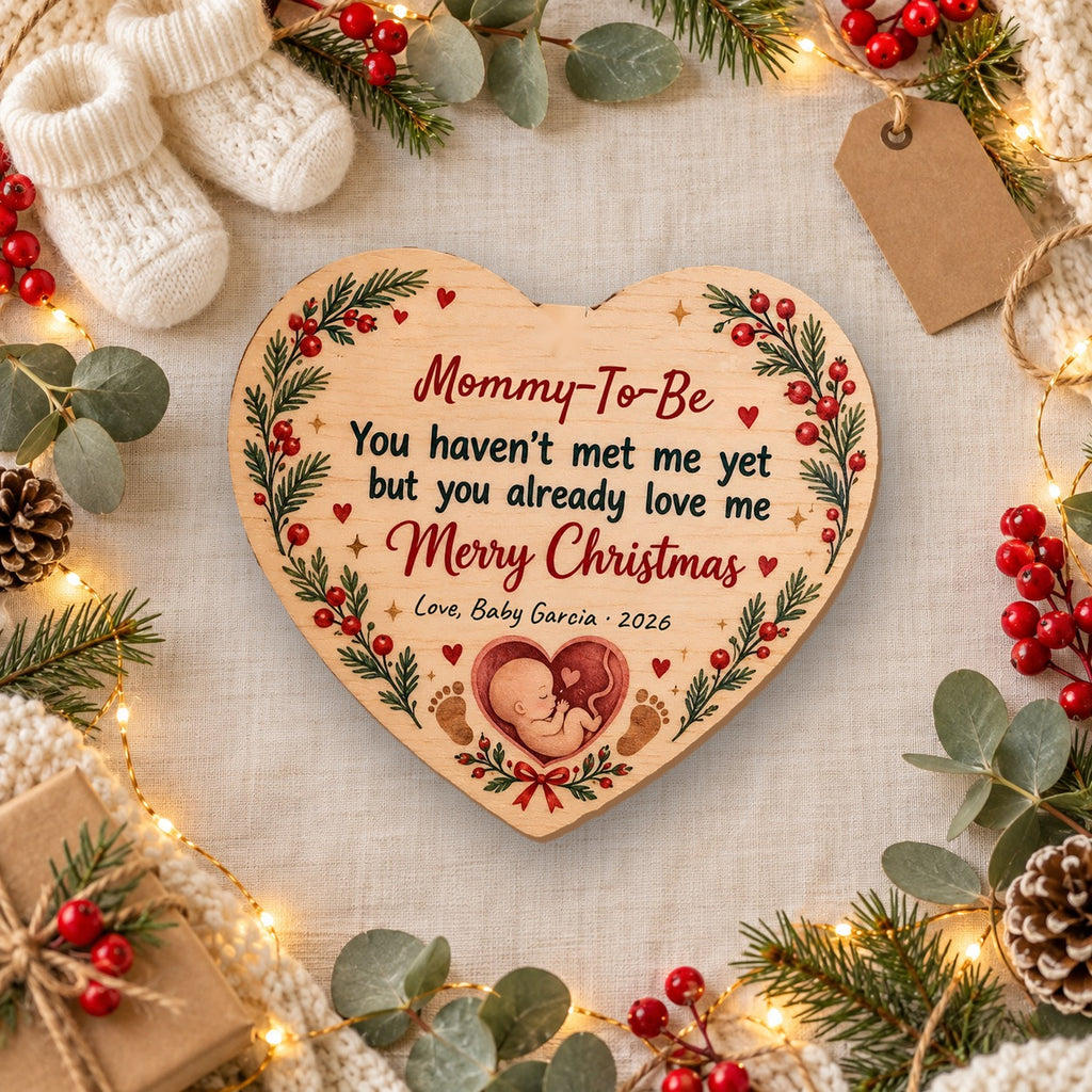 Personalized Mommy, You Haven't Met Me Yet Wooden ornament flat lay